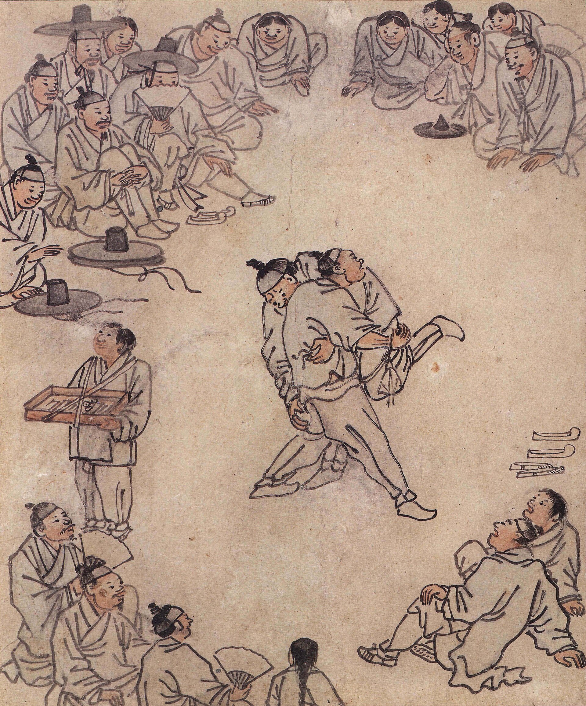 김홍도 「씨름」 — 씨름꾼 둘과 둘러앉은 구경꾼, 왼쪽에 엿판 진 사람